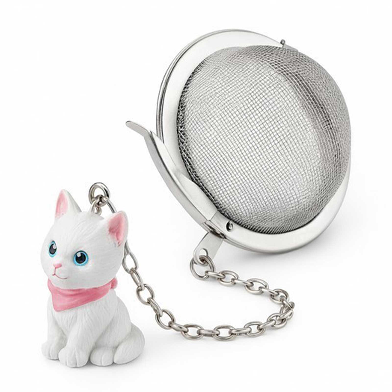 Boule à thé Kohana 5cm avec figurine de chat blanc et foulard rose, maillage fin en acier inoxydable