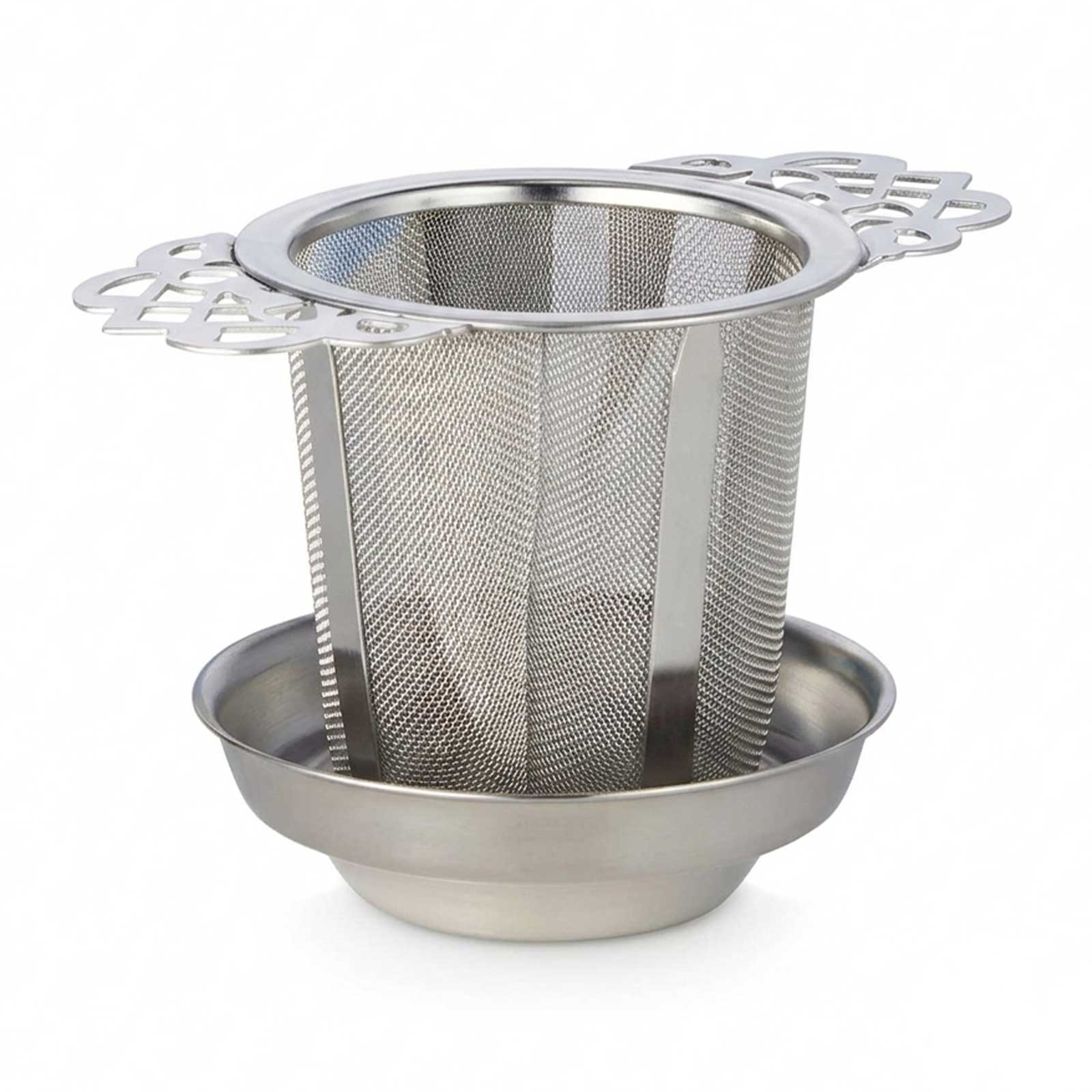 Filtre à thé D&B Lene en acier inoxydable argenté 6,5cm avec soucoupe assortie et anses ajourées