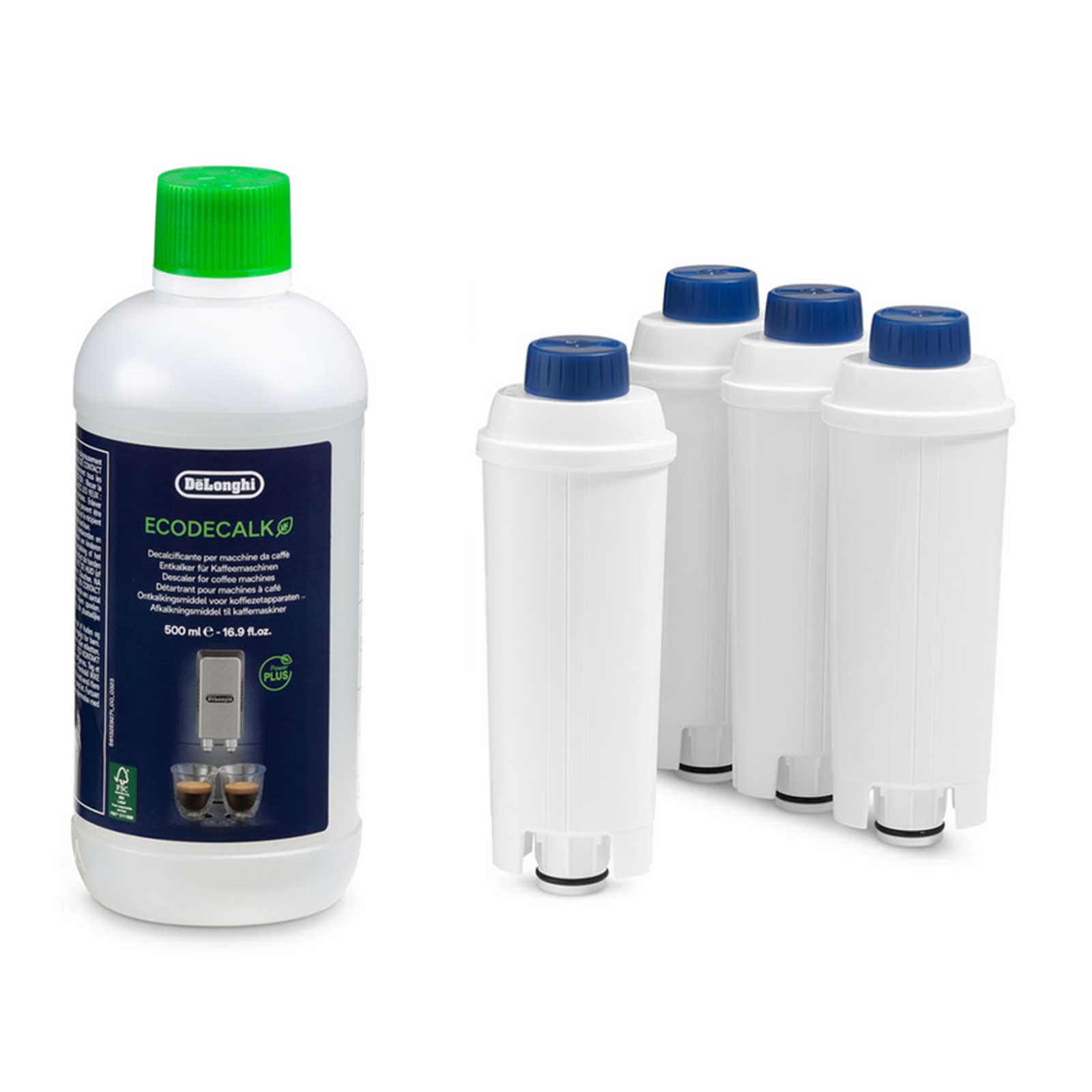 Kit d'entretien De'Longhi DLSC328 avec détartrant EcoDecalk 500ml et quatre cartouches filtrantes blanches et bleues