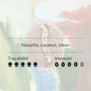 Gros plan d'un grain de café torréfié avec les mentions 'Noisette, caramel, citron', 'Traçabilité' et 'Intensité' accompagnées d'icônes.