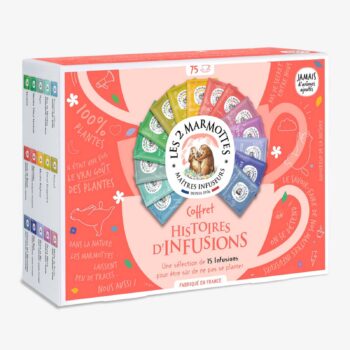 Coffret "Histoires d'Infusions" Les 2 Marmottes, 15 sachets individuels 100% plantes, emballage cartonné rose et rouge