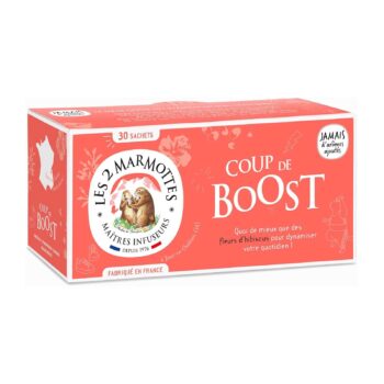 Boîte d'infusion Les 2 Marmottes Coup de Boost corail vif, avec illustrations florales et marmottes, 30 sachets individuels