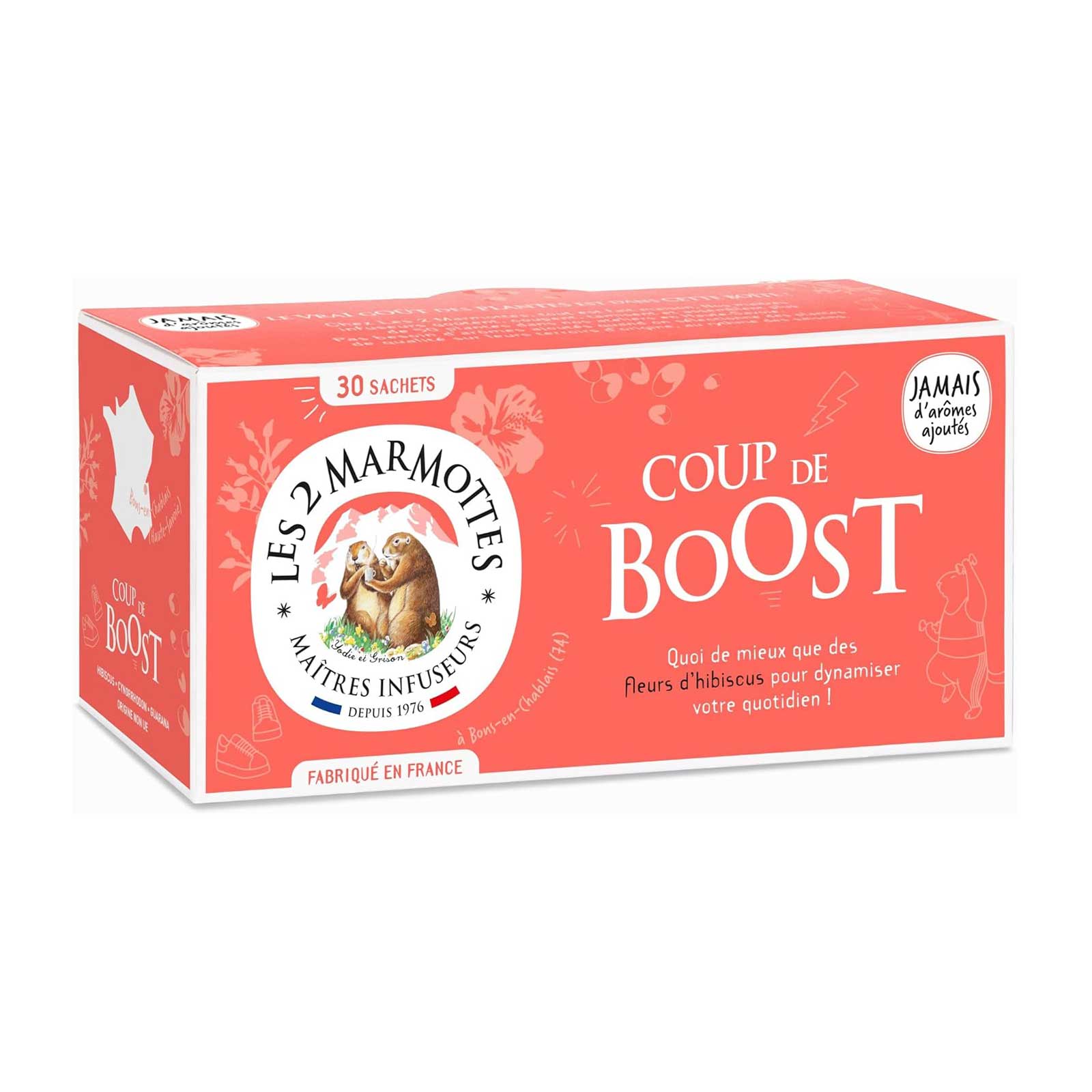 Boîte d'infusion Les 2 Marmottes Coup de Boost corail vif, avec illustrations florales et marmottes, 30 sachets individuels