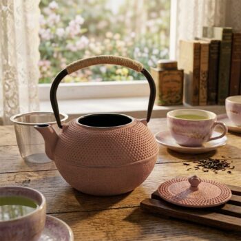 Théière en fonte Yliades couleur nude avec picots, anse en cordelette et filtre inox, accompagnée de tasses à thé et de feuilles de thé sur une table en bois.