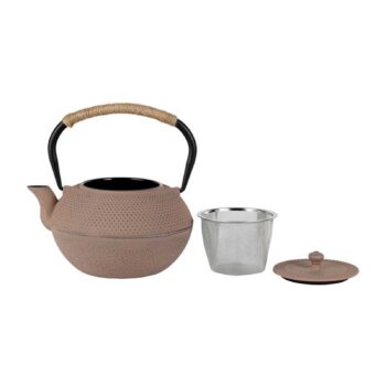 Théière en fonte Yliades couleur nude avec picots, anse gainée de cordelette, filtre inox et couvercle assorti