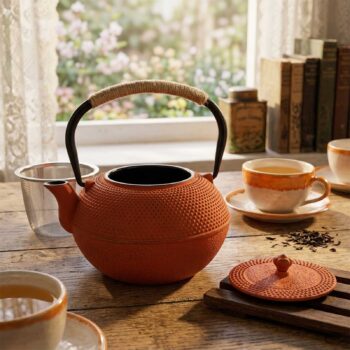 Théière Yliades en fonte couleur terracotta texturée avec anse tressée, accompagnée d'une tasse de thé et d'un filtre inox