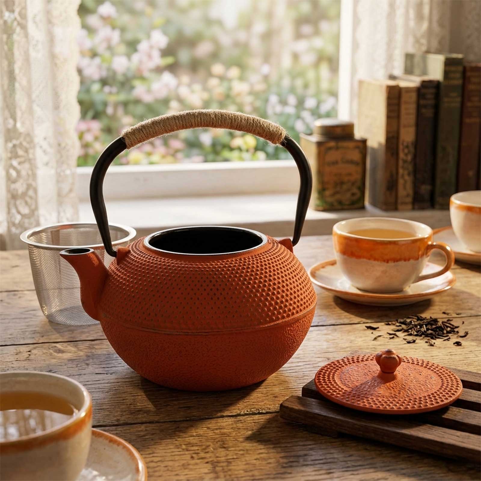 Théière Yliades en fonte couleur terracotta texturée avec anse tressée, accompagnée d'une tasse de thé et d'un filtre inox