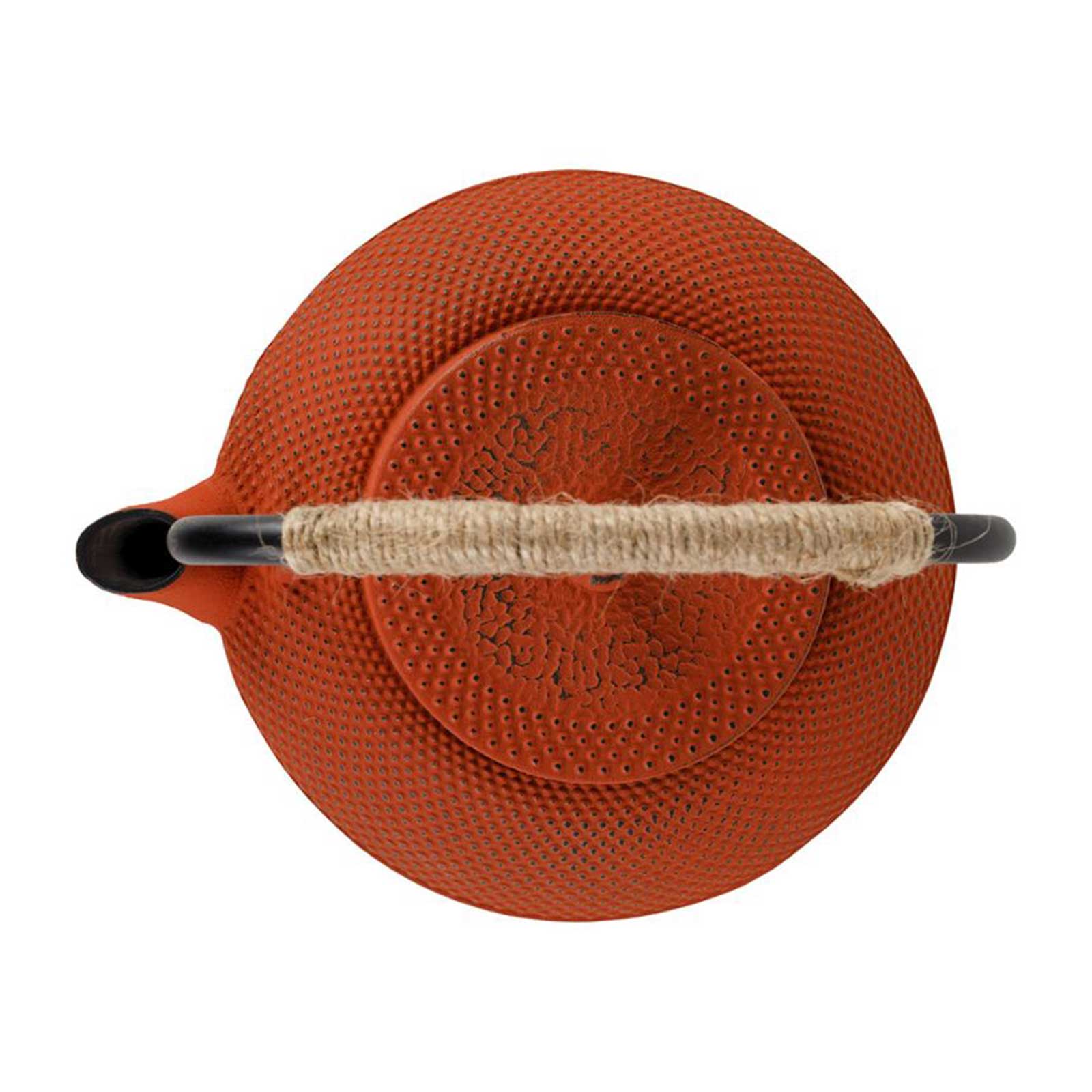 Théière en fonte Yliades couleur terracotta avec motif de picots et anse tressée vue de dessus