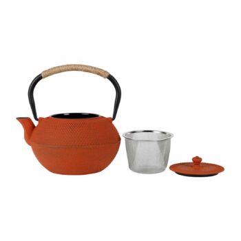 Théière en fonte Yliades couleur terracotta avec picots, anse tressée, filtre inox et couvercle assorti