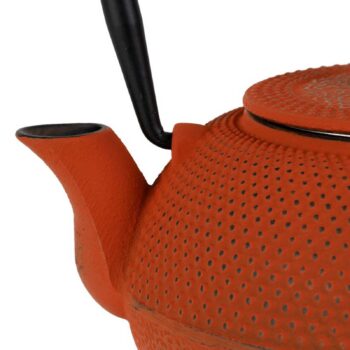 Gros plan sur une théière en fonte de couleur terracotta avec des picots, bec verseur et anse noire visible
