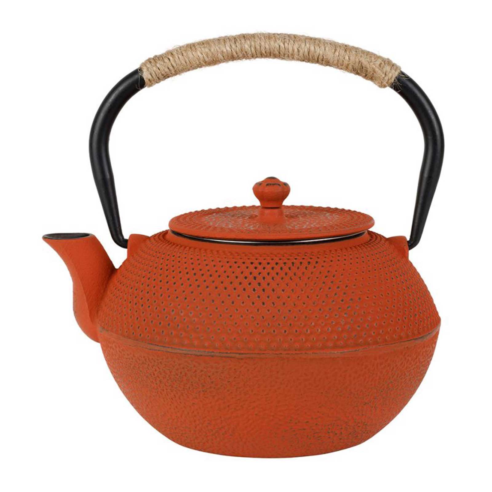 Théière en fonte Yliades terracotta 1,2L avec picots, anse tressée noire et bec verseur incurvé