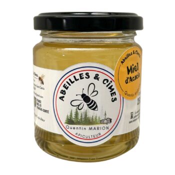 Pot en verre de miel d'acacia Abeilles & Cîmes 250g, couleur jaune pâle liquide, avec étiquette circulaire et couvercle noir