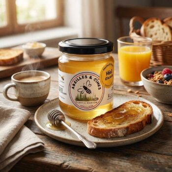 Bocal de miel d'acacia Abeilles & Cîmes posé sur une table en bois, à côté d'une tasse de café fumante, d'une tranche de pain beurrée et d'un verre de jus d'orange.