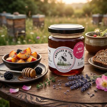 Bocal de miel de fleurs Abeilles & Cîmes de Quentin Marion, posé sur une table en bois avec des fruits, du pain et des fleurs de lavande, ruchers en arrière-plan