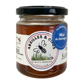 Pot en verre de miel de montagne Abeilles & Cîmes 250g, avec étiquette circulaire et couvercle noir