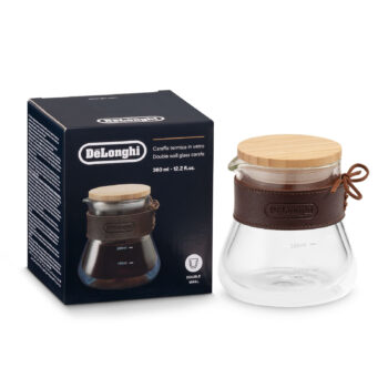 Carafe thermique en verre De'Longhi à double paroi avec couvercle en bambou et finition en cuir, capacité 360 ml