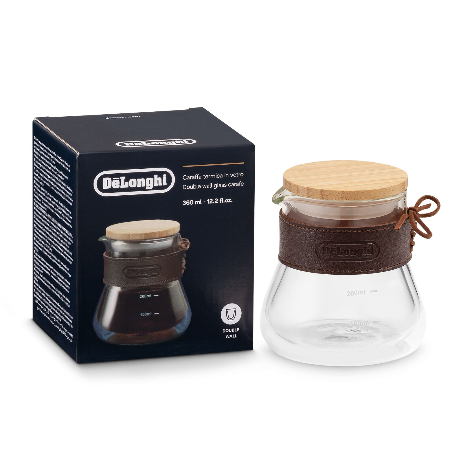 Carafe thermique en verre De'Longhi à double paroi avec couvercle en bambou et finition en cuir, capacité 360 ml