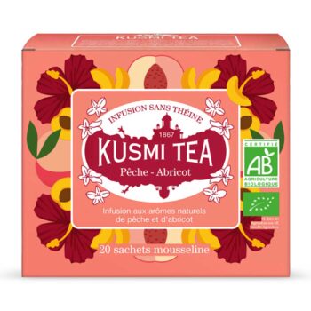 Boîte d'infusion Kusmi Tea Pêche-Abricot bio, 20 sachets mousseline, avec motifs de fleurs d'hibiscus et de pêches