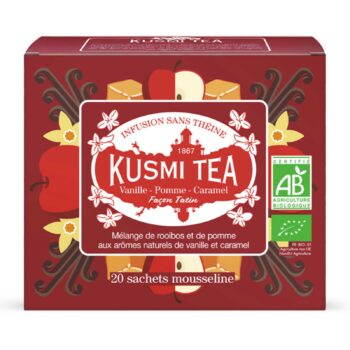 Boîte Kusmi Tea Pomme Caramel façon Tatin Bio rouge, avec 20 sachets mousseline, certifiée AB Agriculture Biologique
