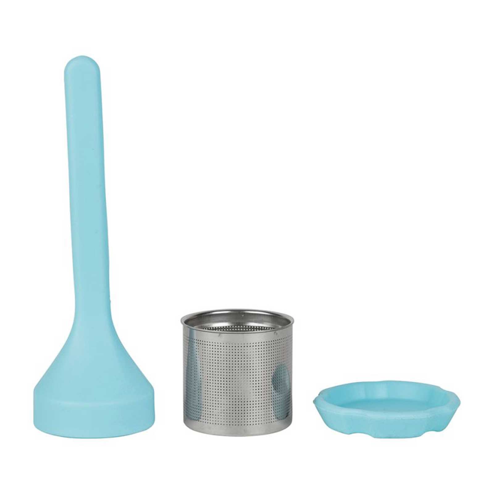 Infuseur à thé SEMA bâton turquoise composé d'un manche en silicone, d'un filtre en acier inoxydable et d'un petit couvercle bleu