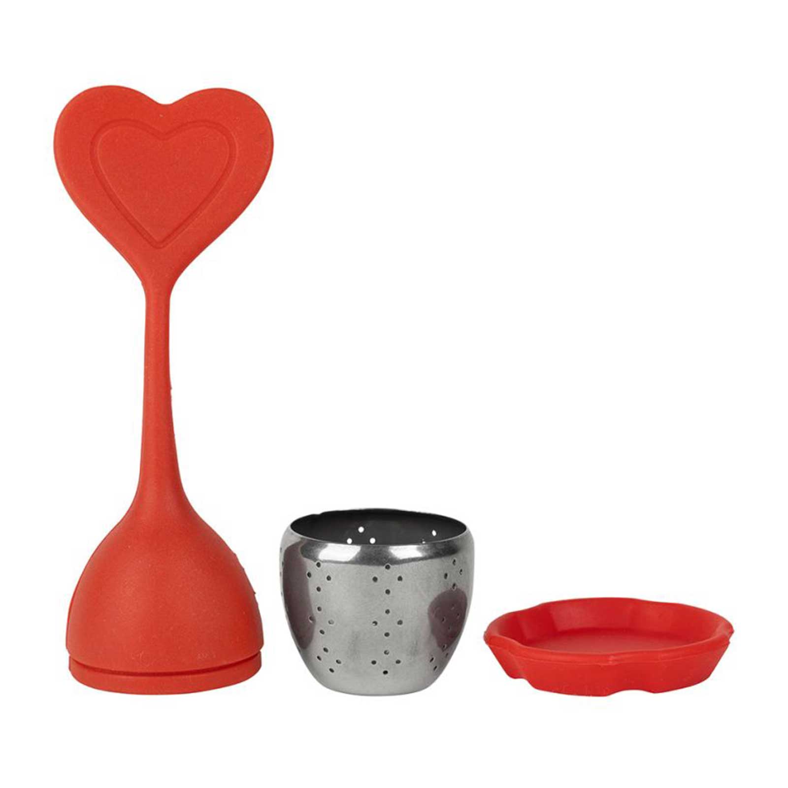 Infuseur à thé rouge en silicone avec un design en forme de cœur, un filtre en inox perforé et un petit support rouge, idéal pour le thé