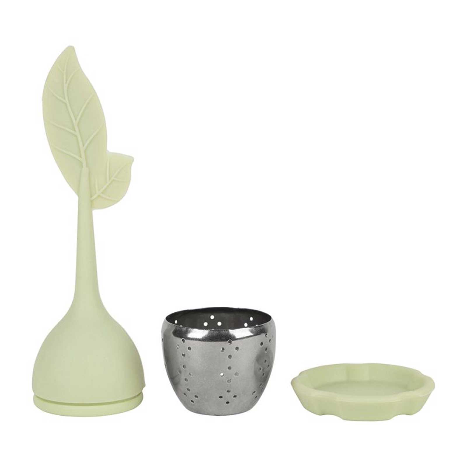 Infuseur à thé en silicone vert d'eau avec une tige en forme de feuille, un filtre en inox perforé et un petit socle assorti