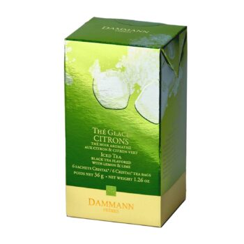 Boîte de thé glacé Dammann Frères Citrons, thé noir aromatisé aux citrons et citron vert, design vert métallisé et jaune doré