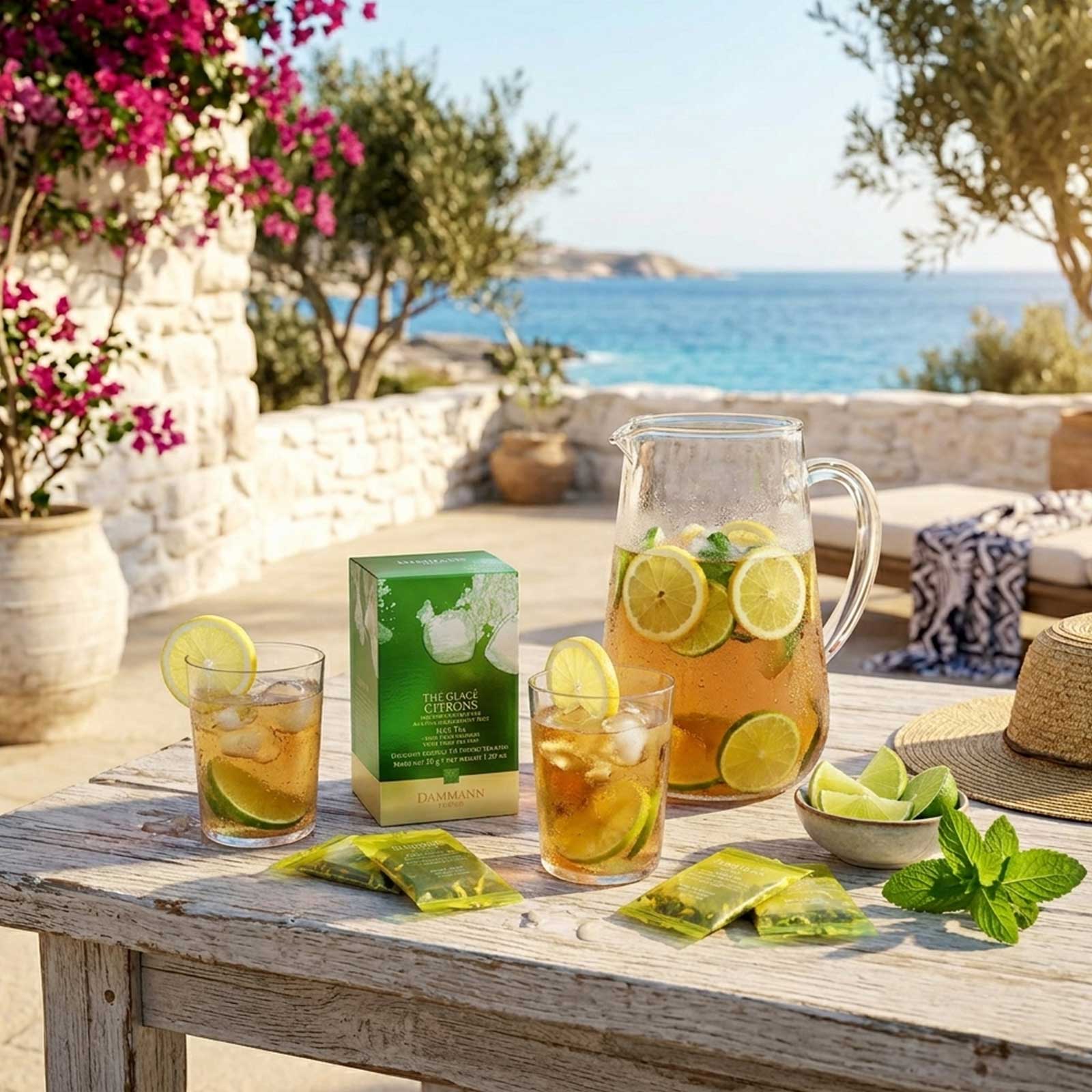 Carafe de thé glacé aux citrons et menthe, deux verres de thé glacé, une boîte de thé Dammann Frères et des sachets individuels sur une table en bois avec la mer en arrière-plan