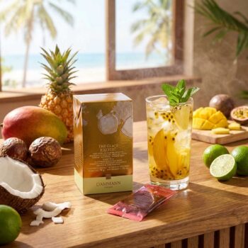 Verre de thé glacé aux fruits exotiques, garni de menthe, avec des morceaux d'ananas, de fruits de la passion et de mangue, à côté d'une boîte de thé Dammann Frères et de fruits frais.