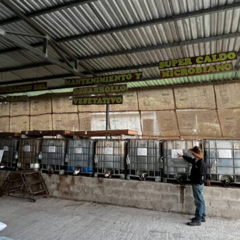 Homme en chapeau pointant du doigt des cuves de stockage dans un entrepôt, avec des panneaux indiquant 'MANTENIMIENTO Y DESARROLLO VEGETATIVO' et 'SUPER CALDO MICROBIANO'