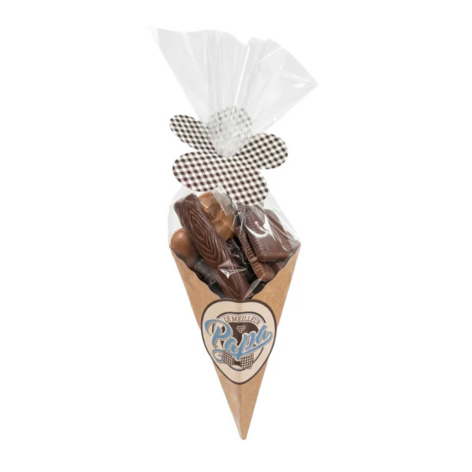 Cornet de chocolats GUINGUET Le Meilleur Papa, noir, lait et blond 110g, garni de diverses formes et emballé dans un cône kraft avec un nœud fleuri