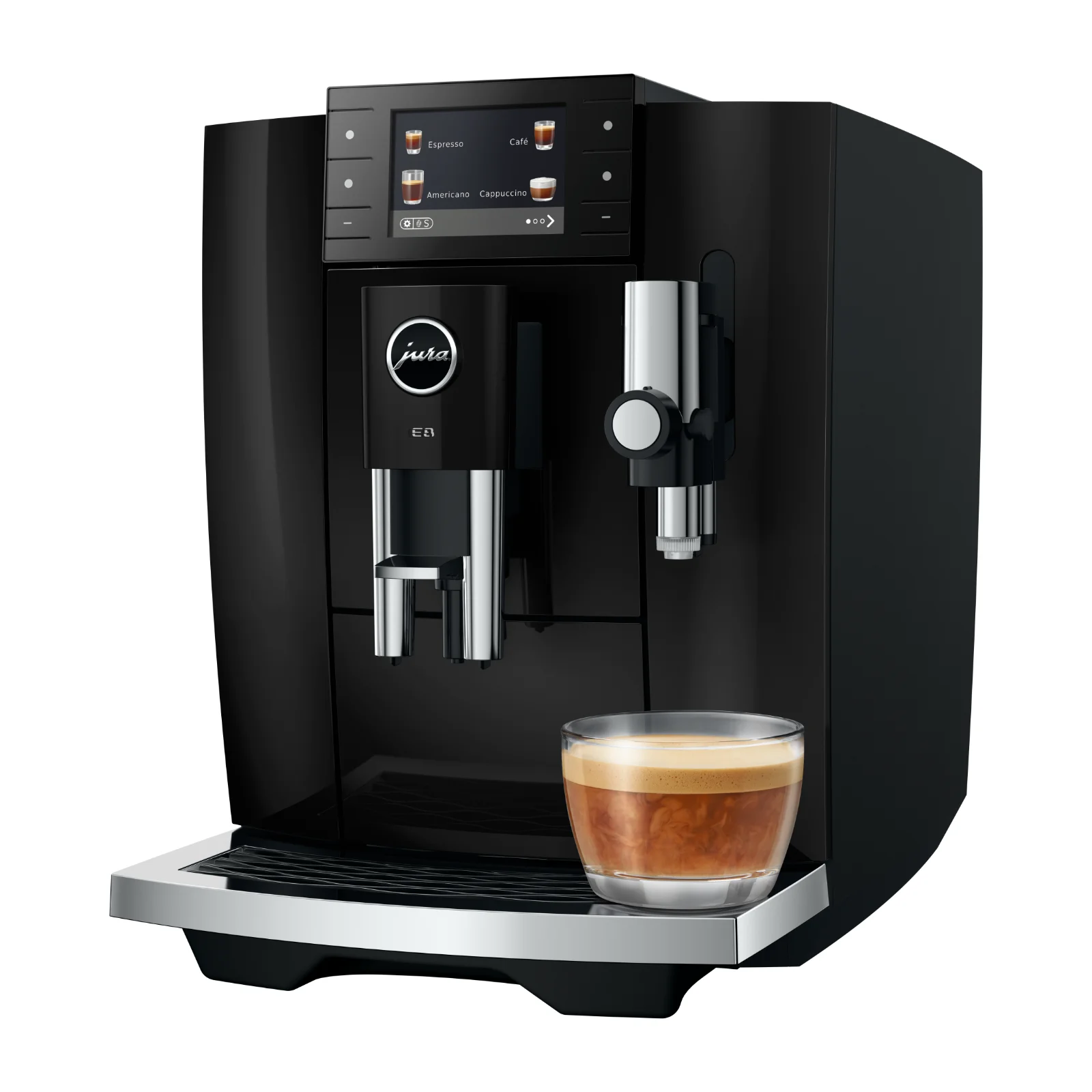 Machine à café automatique Jura E8 noire avec un espresso dans un verre transparent sur le plateau d'égouttage