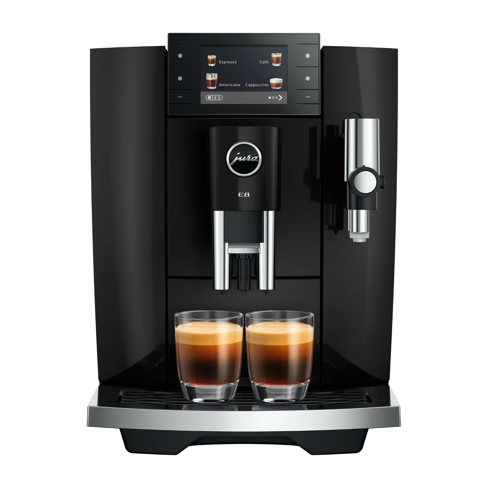 Machine à café automatique Jura E8 Piano Black avec deux expressos servis dans des verres, écran tactile affichant les options de café