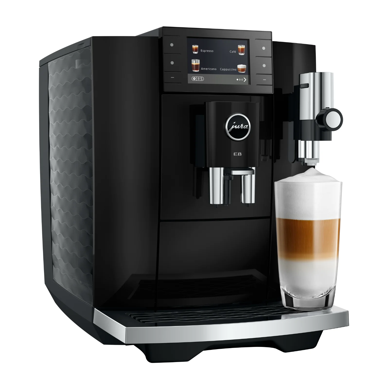 Machine à café automatique Jura E8 Piano Black préparant un latte macchiato avec une mousse de lait onctueuse, écran tactile affichant les options de café