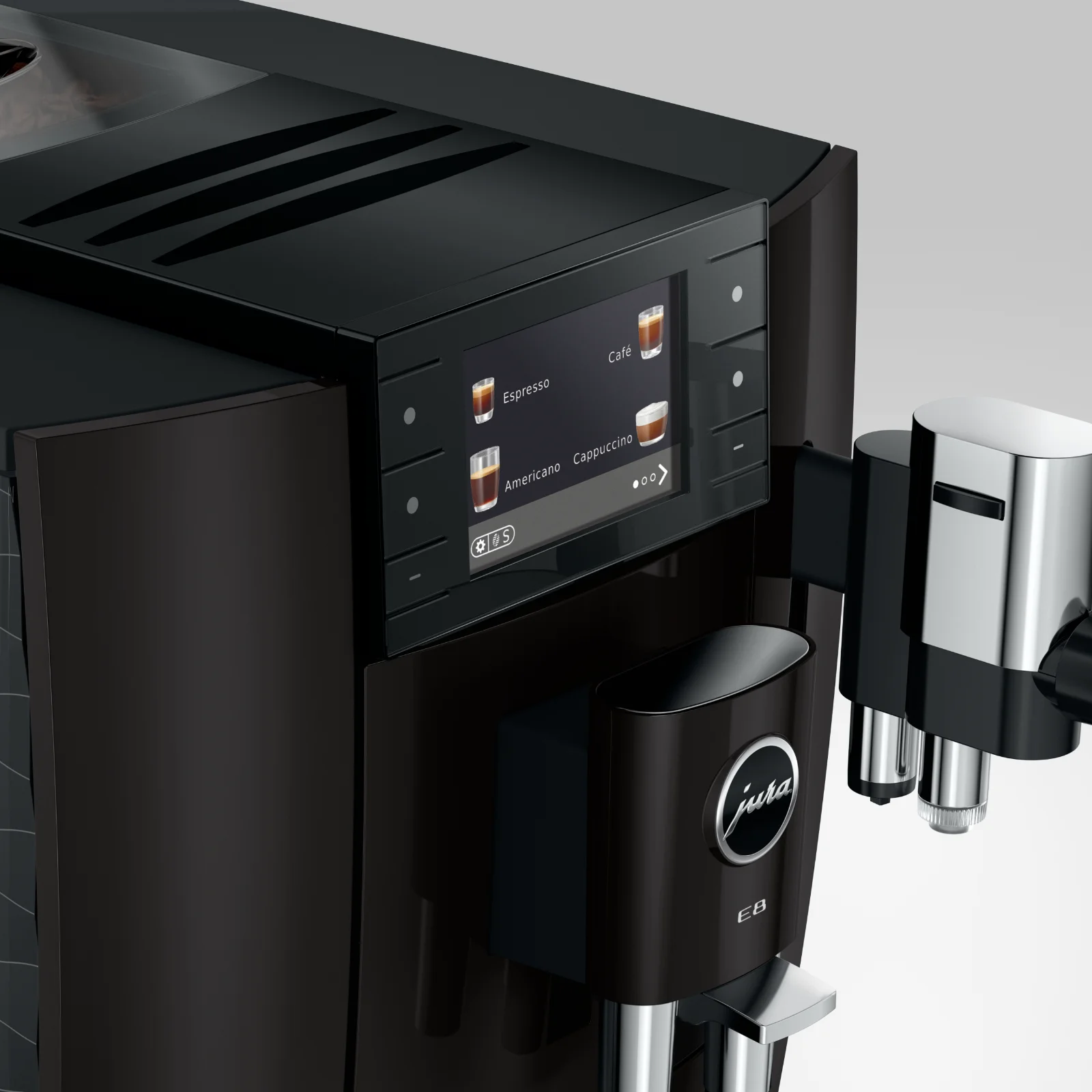 Gros plan sur l'écran tactile d'une machine à café Jura E8 Piano Black affichant les options Espresso, Café, Americano et Cappuccino.