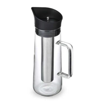 Carafe d'infusion à froid 1L en verre transparent avec filtre inox et couvercle noir, anse en verre