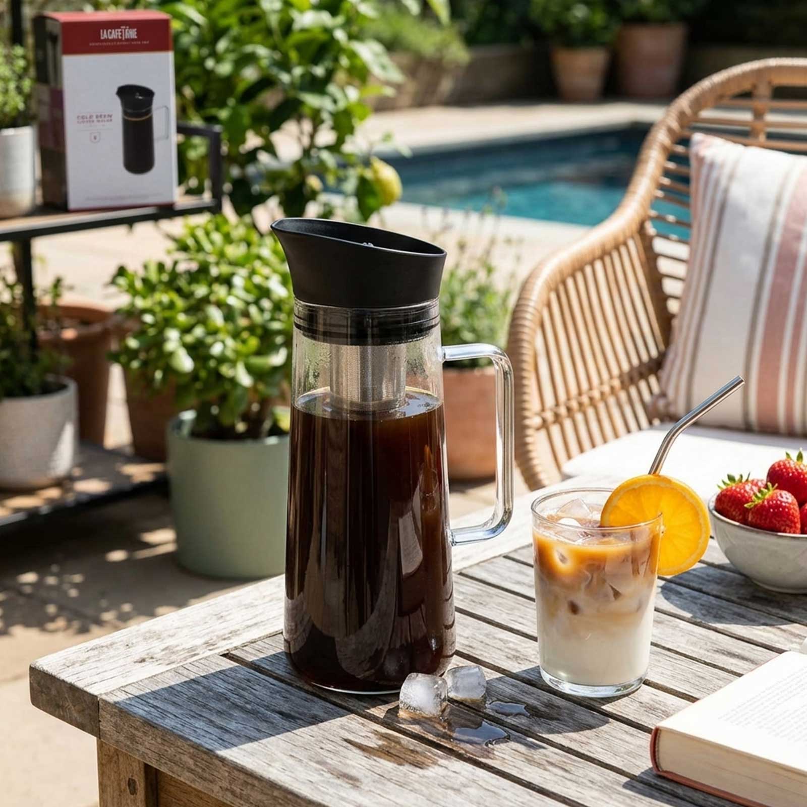 Carafe en verre La Cafetière pour infusion à froid, remplie de café glacé, avec un verre de café glacé à côté, sur une table en bois en extérieur