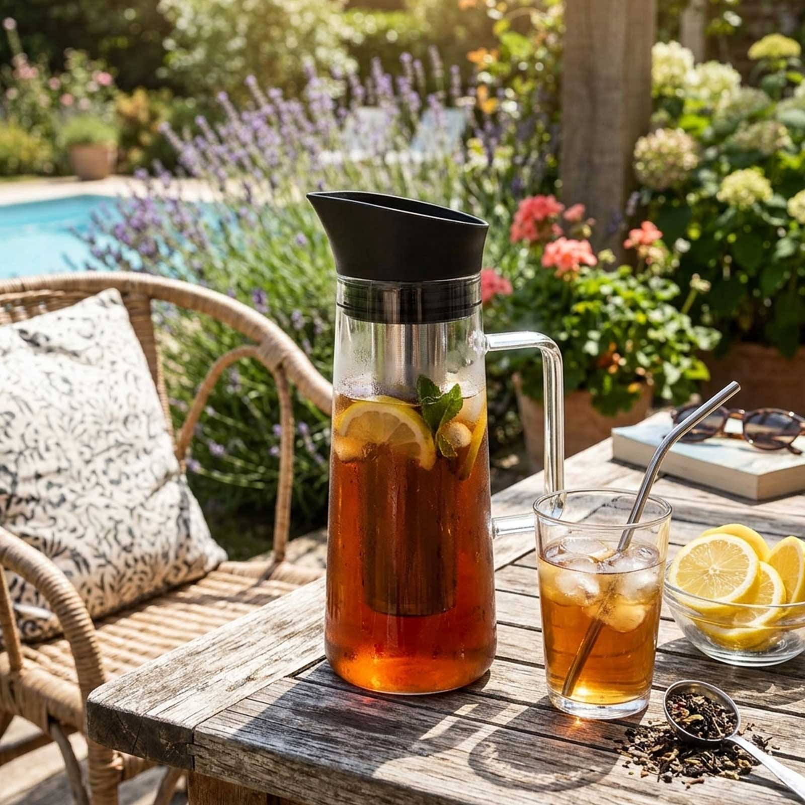 Carafe en verre remplie de thé glacé, de tranches de citron et de menthe, posée sur une table en bois dans un jardin ensoleillé, avec un verre de thé glacé à côté.
