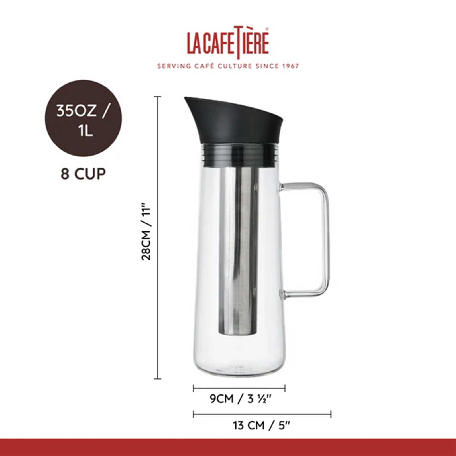 Carafe à infusion à froid La Cafetière en verre transparent avec filtre inox intégré et couvercle noir, capacité 1L, 8 tasses, 28cm de hauteur