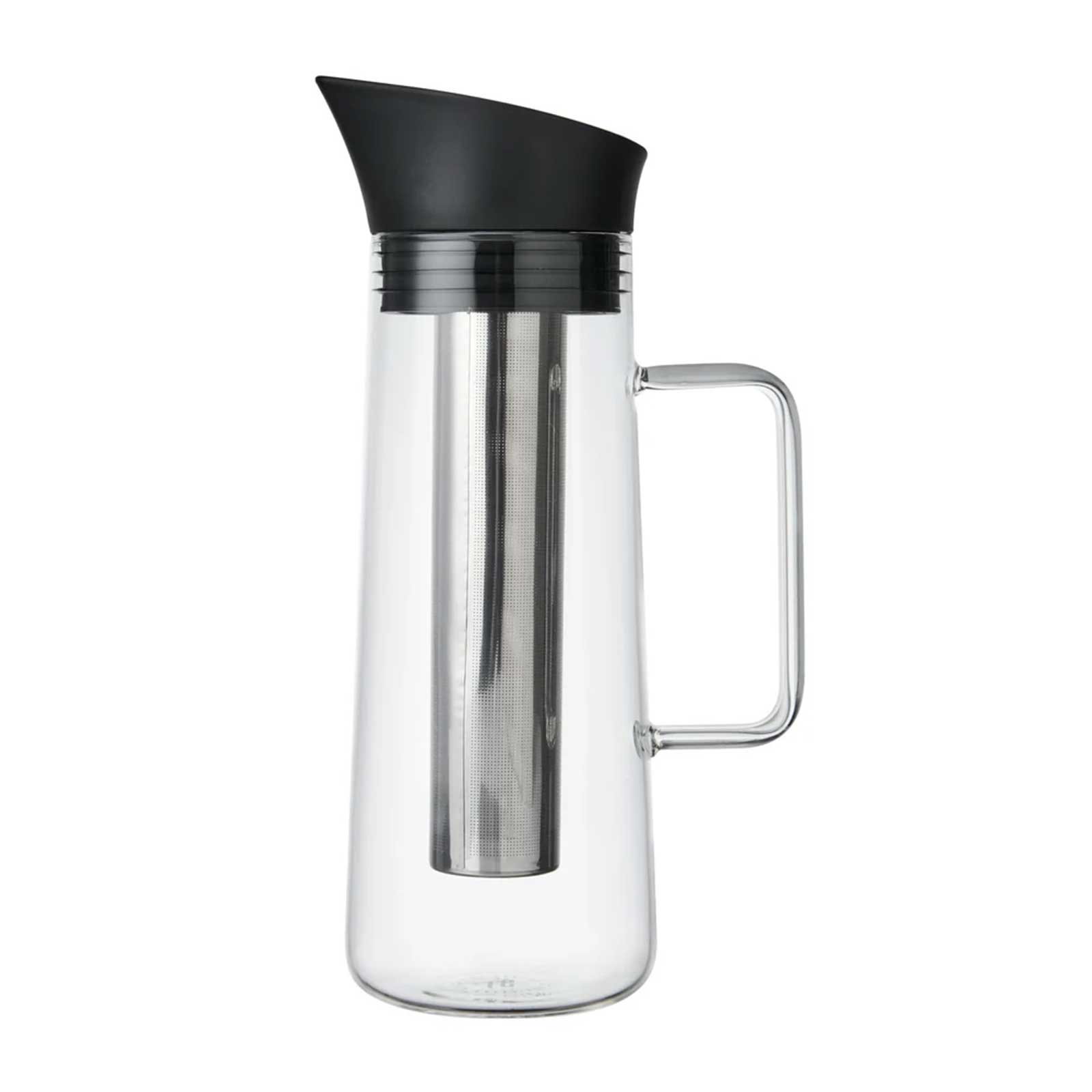 Carafe en verre transparent avec filtre cylindrique en inox intégré et couvercle noir, idéale pour l'infusion à froid de thé ou de café