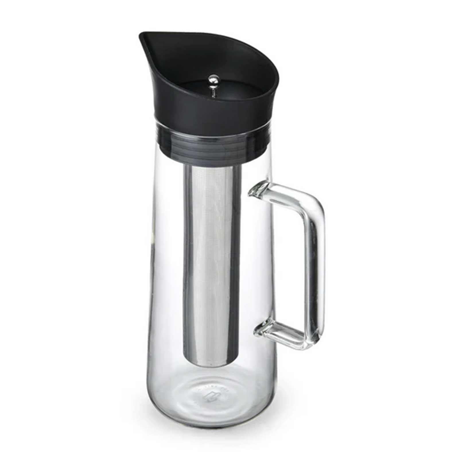 Carafe d'infusion à froid 1L en verre transparent avec filtre inox et couvercle noir, anse en verre
