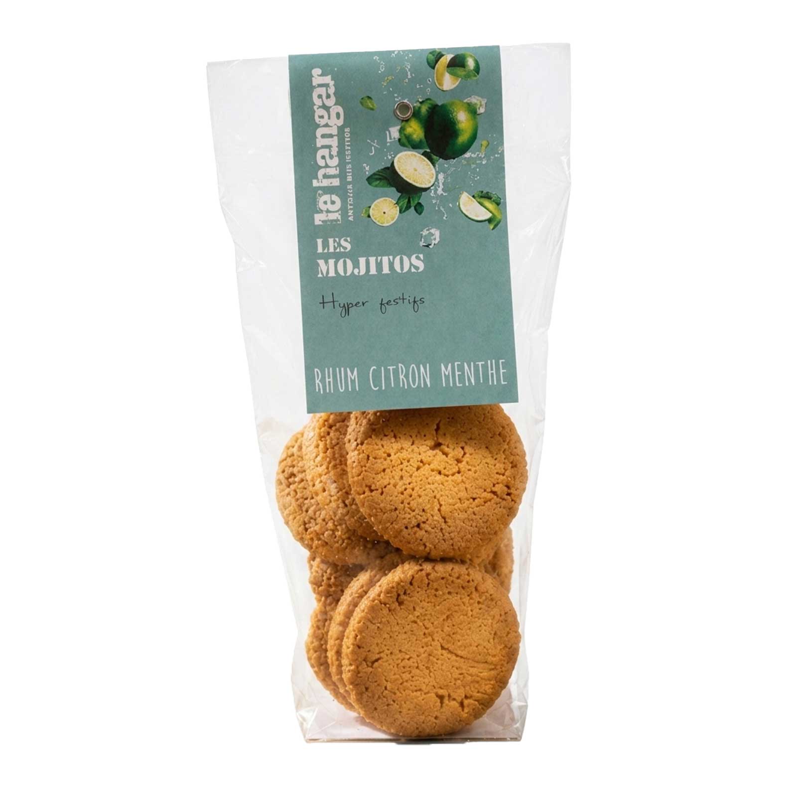 Sachet transparent de biscuits ronds dorés "Les Mojitos" Le Hangar, saveur rhum citron menthe, avec étiquette vert d'eau et illustrations estivales