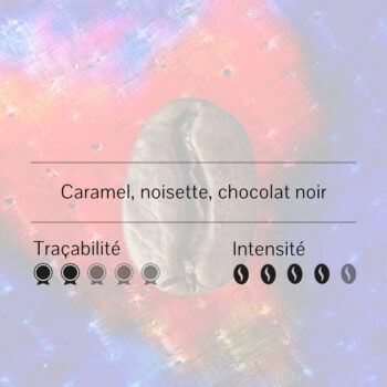 Café avec des notes de caramel, noisette et chocolat noir, indiquant une intensité de 4/5 et une traçabilité 2/5.