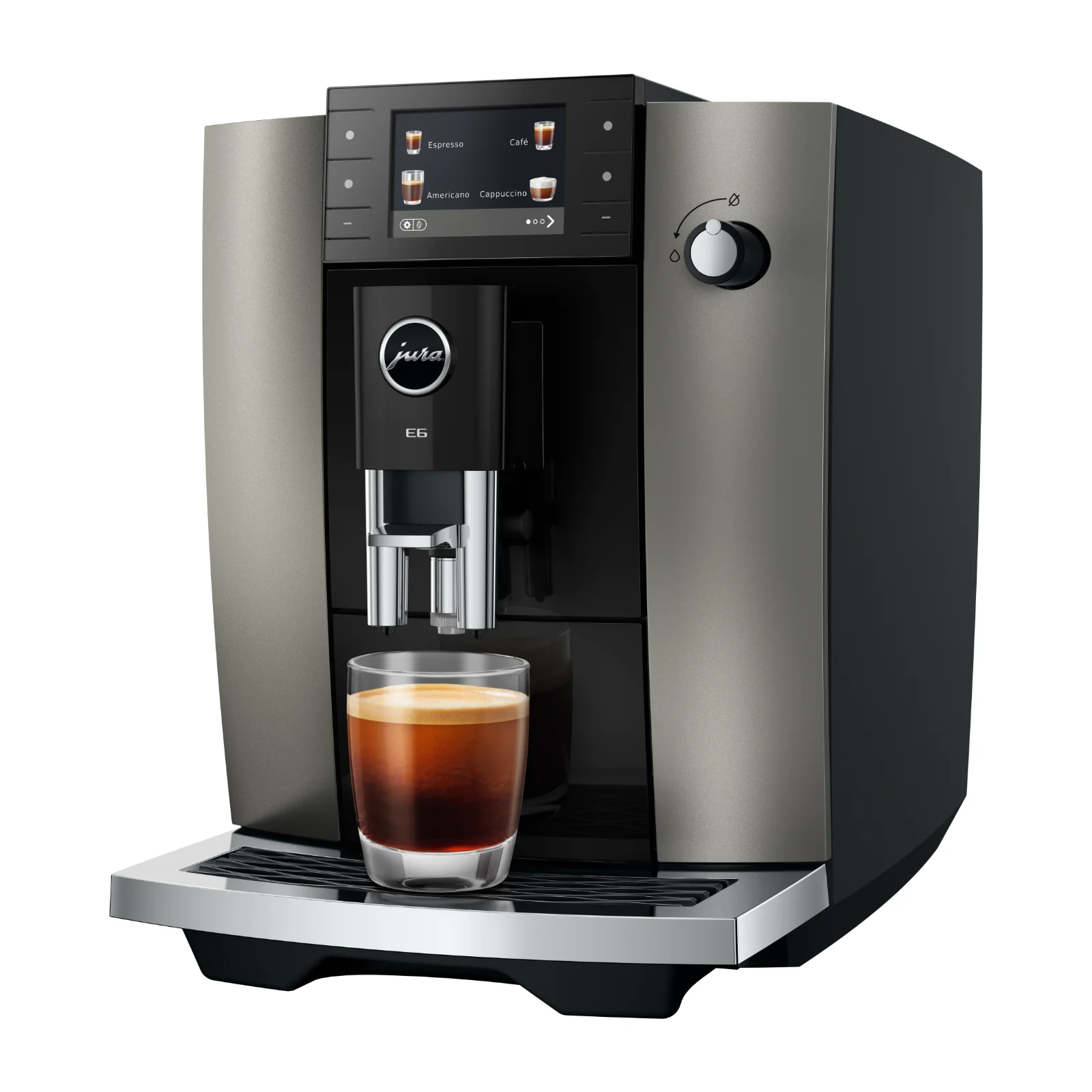Machine à expresso automatique Jura E6 gris anthracite avec écran tactile et tasse en verre remplie de café fraîchement extrait