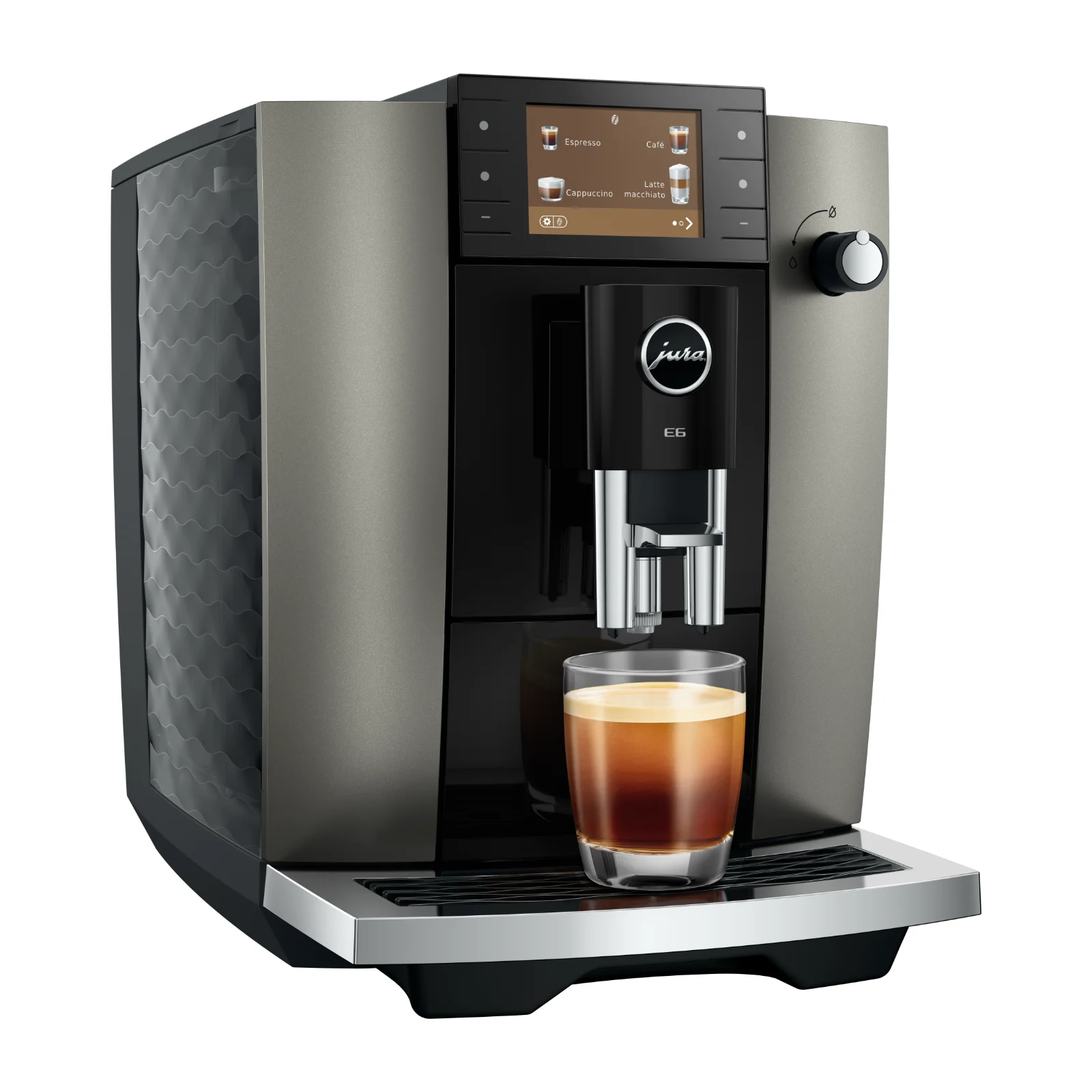 Machine à expresso automatique Jura E6 gris anthracite avec écran tactile et tasse en verre remplie de café fraîchement extrait
