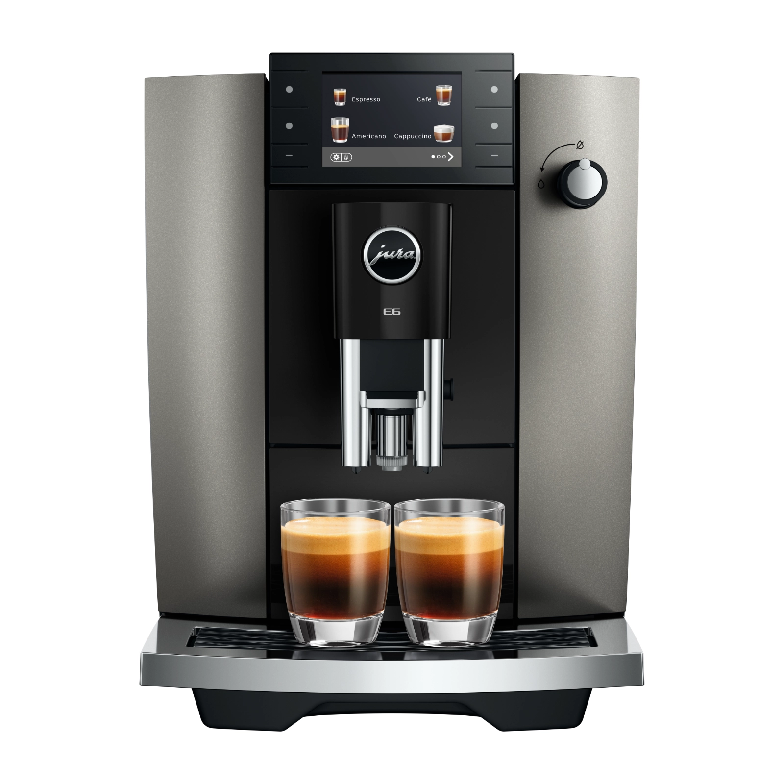 Machine à expresso automatique Jura E6 gris anthracite avec écran tactile, préparant deux tasses de café noir sur le plateau égouttoir