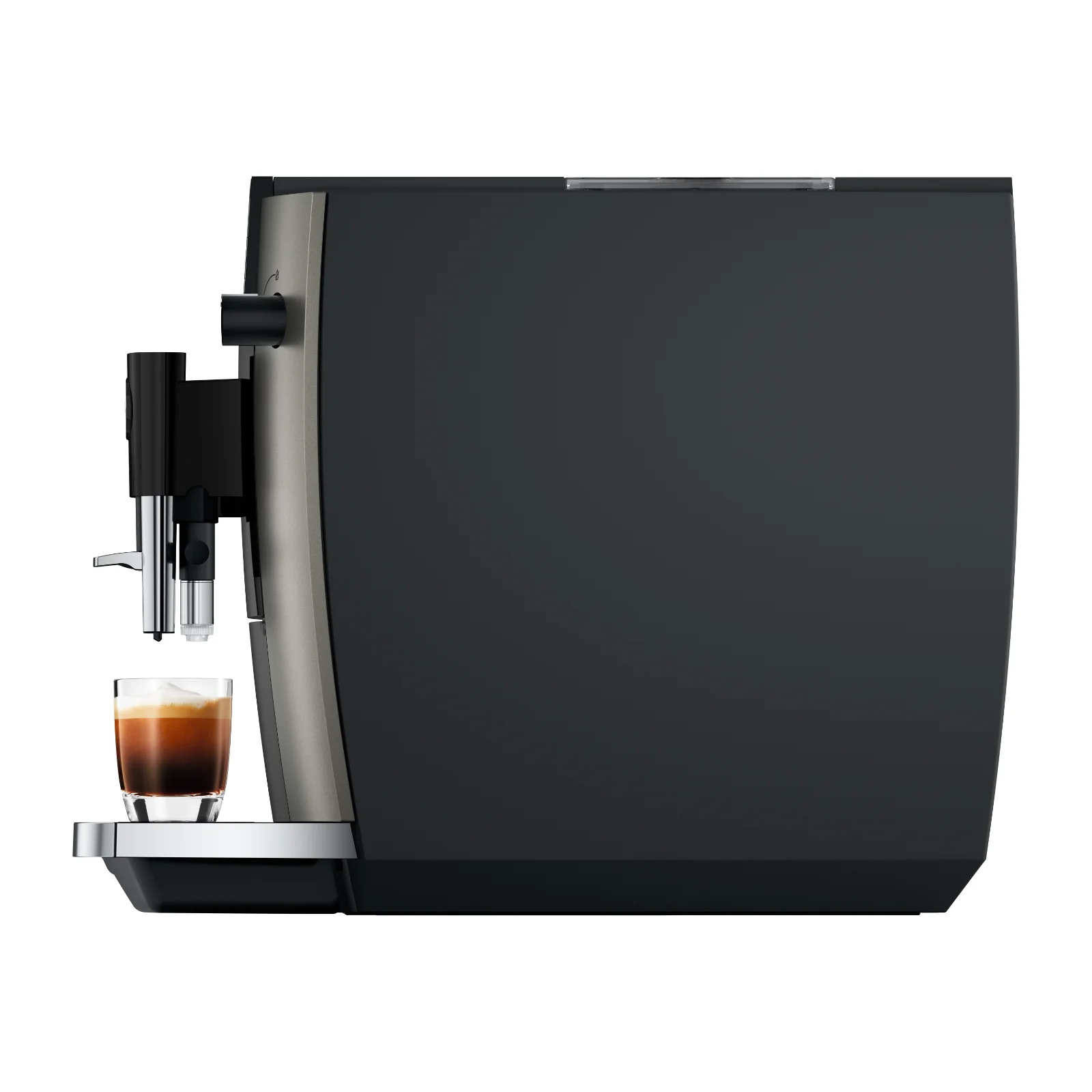 Machine à expresso automatique noire et argentée distribuant un café dans un verre transparent posé sur son plateau en métal