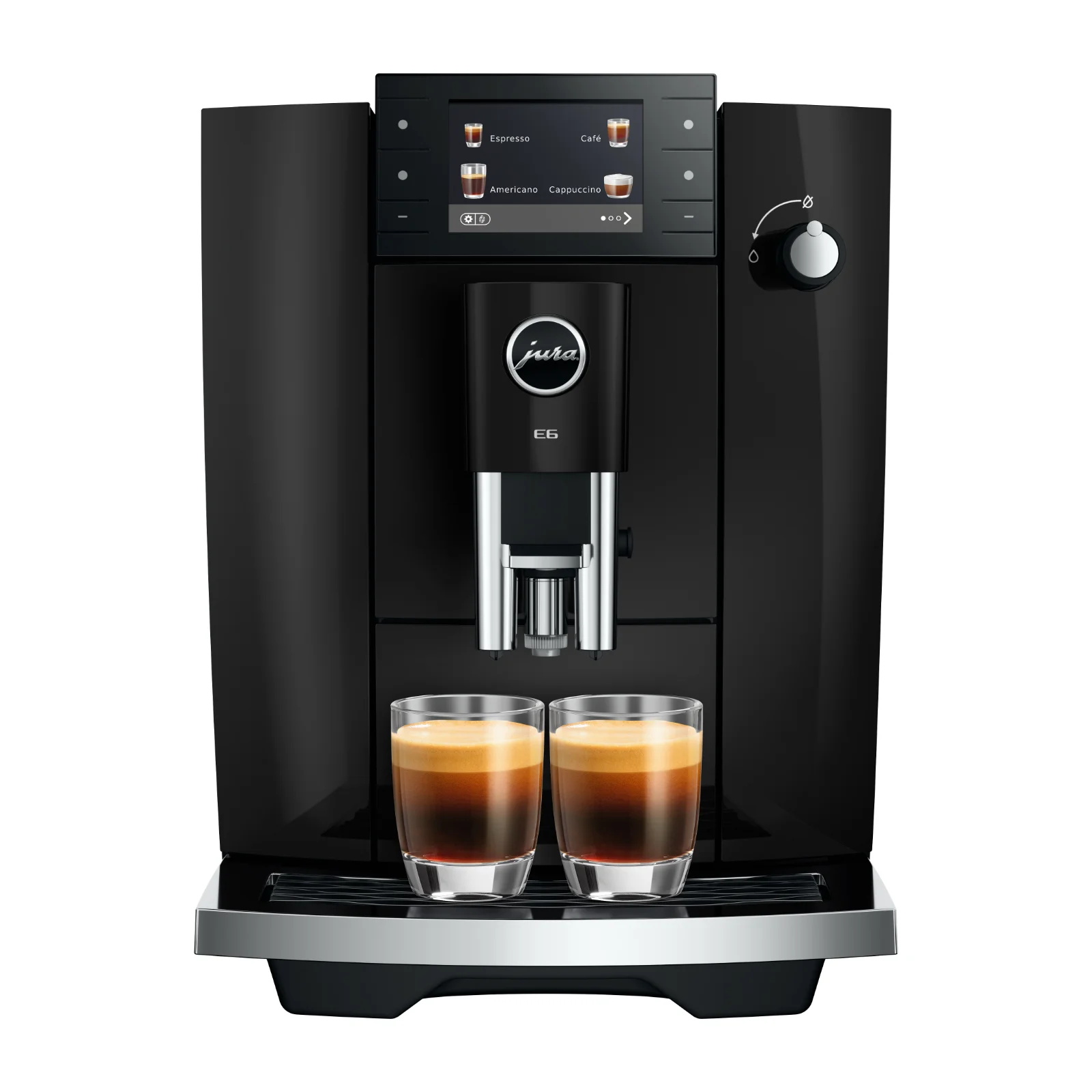 Machine à café automatique Jura E6 noire avec écran couleur, préparant deux tasses d'espresso simultanément sur un plateau en inox.