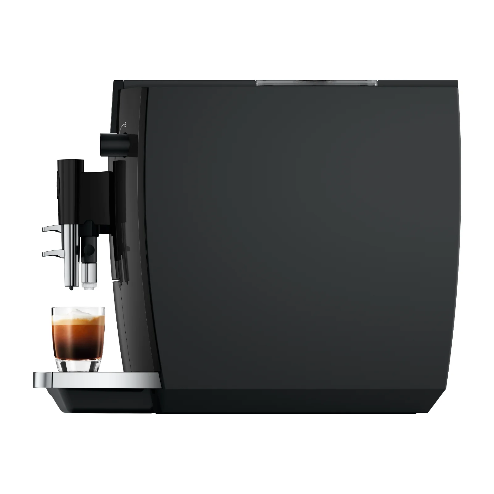 Machine à expresso automatique noire vue de profil, préparant un café dans une tasse en verre transparent sur le repose-tasse métallique