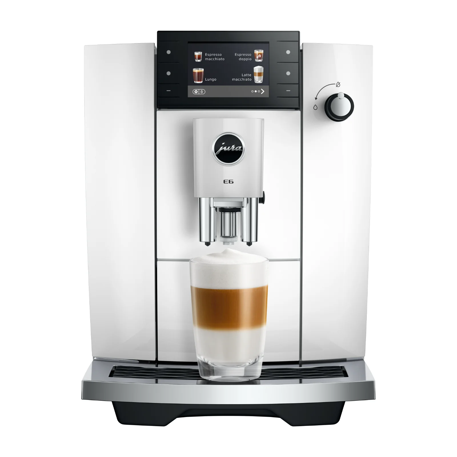 Machine à café automatique Jura E6 blanche avec écran tactile et verre de latte macchiato préparé sur le repose-tasse